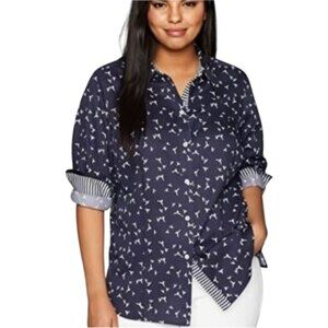Foxcroft NYC Shirt Size XXL Poplin Bird Print Navy No Iron Striped Cuffs